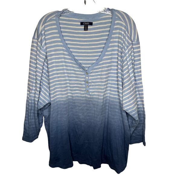 Chaps Women’s 3X Blue White Striped Ombre Henley Top 3/4 Sleeve 100% Cotton - Picture 1 of 7